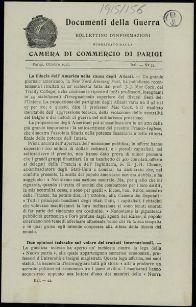 Documenti della guerra : bollettino d'informazioni pubblicato dalla Camera di commercio di Parigi